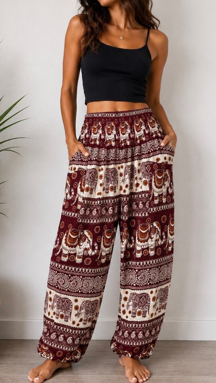 Wine Elephant Print Harem Pants